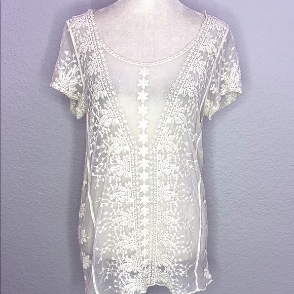 Sundance Women’s Embroidered Sheer Short Sleeve Top Off-White Small - Picture 1 of 10